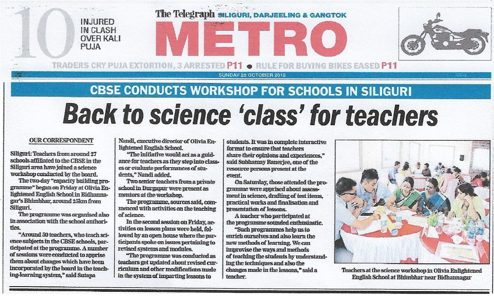 CBSE Capacity Building program on Science at OEES (Published on The Telegraph Siliguri) # 2018-19